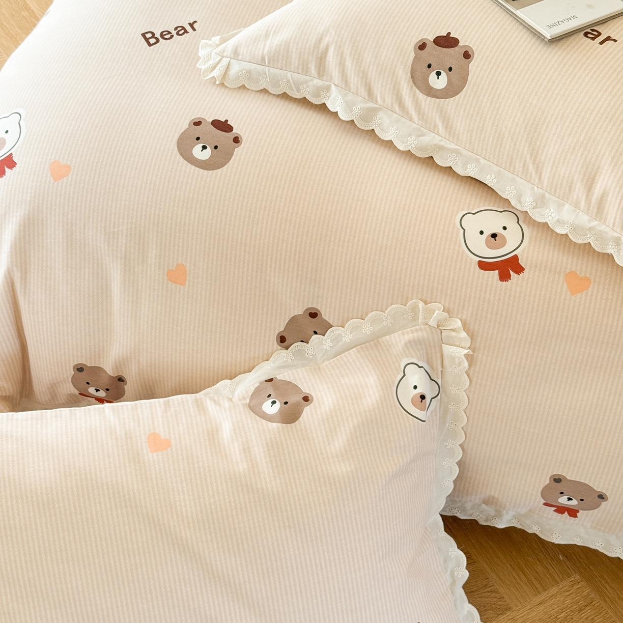 91家纺网 家纺一手货源 找家纺 于果 2025新款全棉纯棉生态磨毛花边款四件套 告白熊