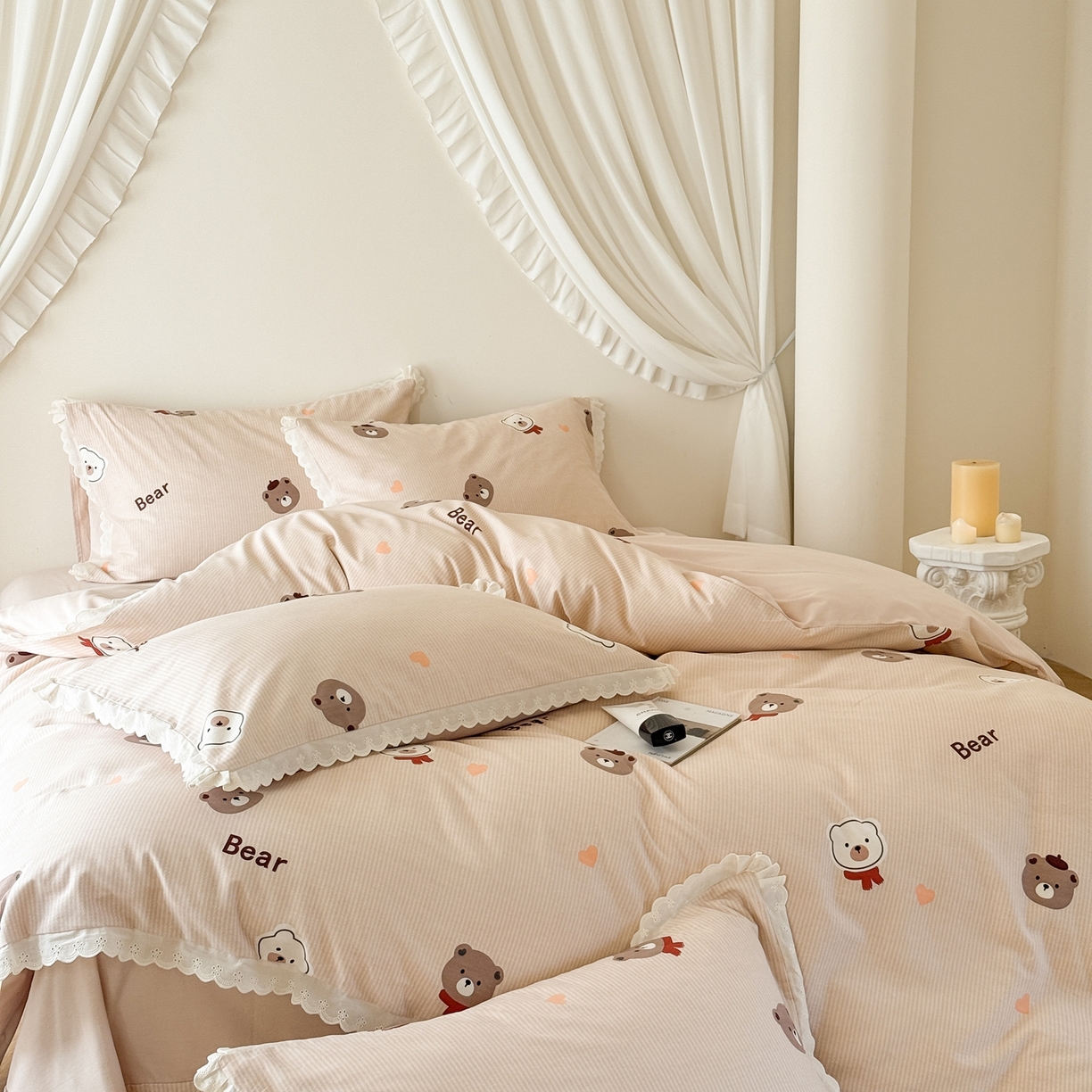 91家纺网 家纺一手货源 找家纺 于果 2025新款全棉纯棉生态磨毛花边款四件套 告白熊