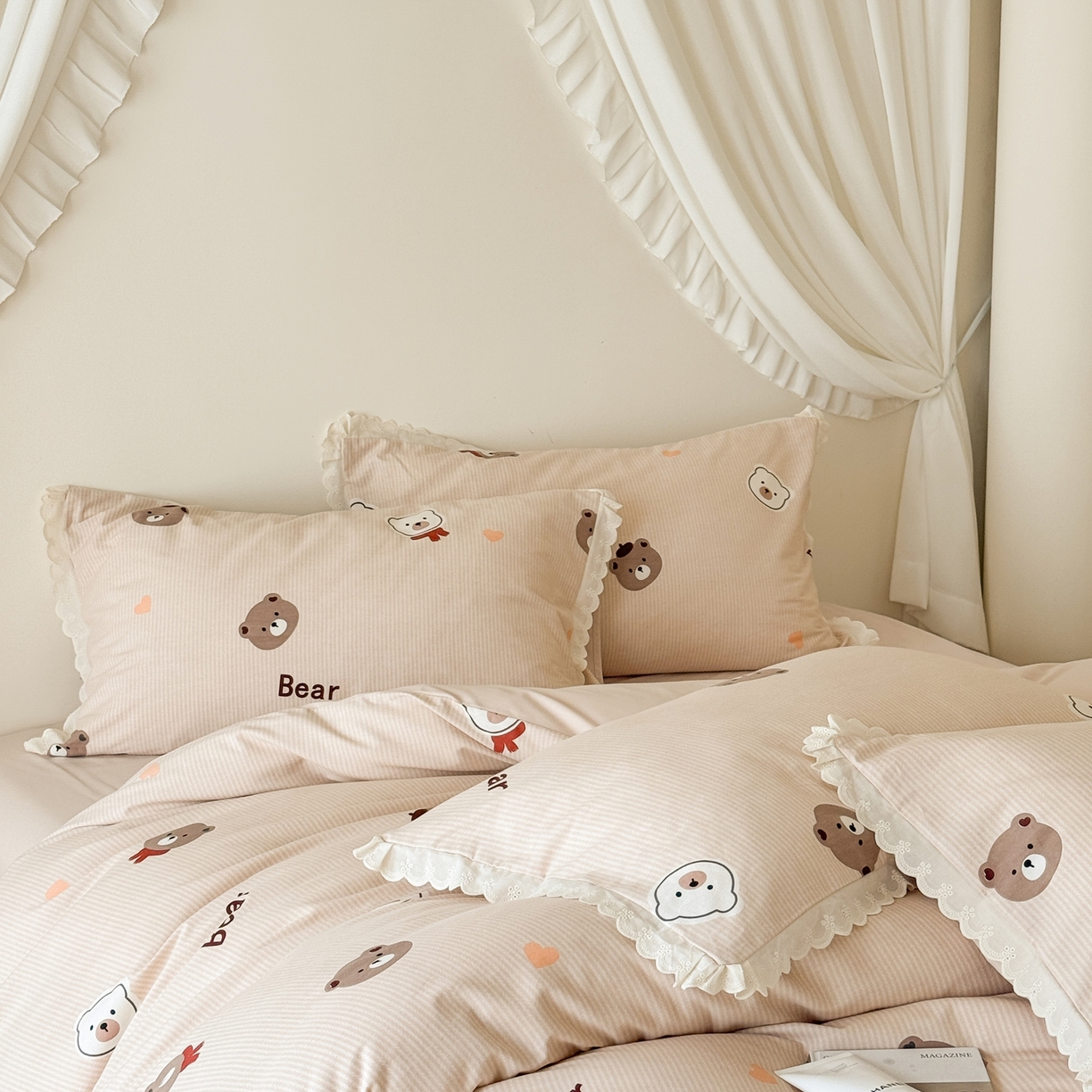 91家纺网 家纺一手货源 找家纺 于果 2025新款全棉纯棉生态磨毛花边款四件套 告白熊