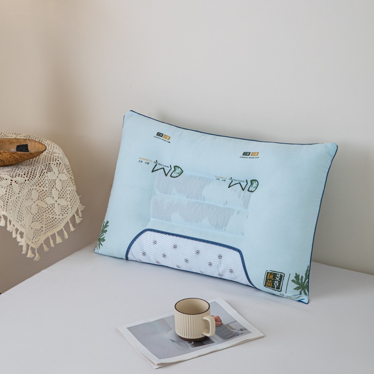 91家纺网 家纺一手货源 找家纺 卓昌枕芯 2025新款艾草抗菌决明子磁石定型枕护颈枕枕头枕芯 蓝色