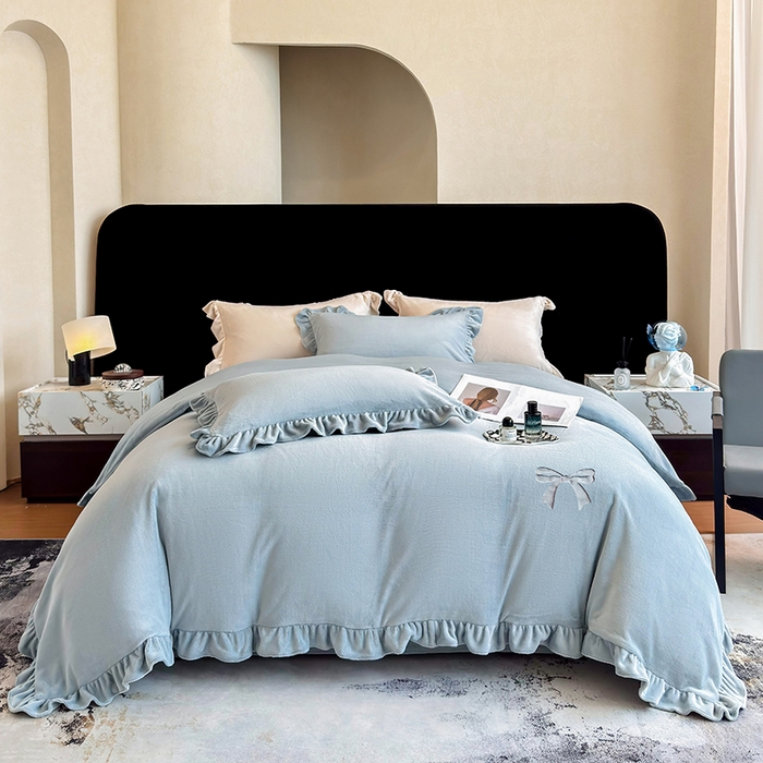 席之家 2025新款蝴蝶结绣花牛奶绒四件套 蝴蝶结-海蓝