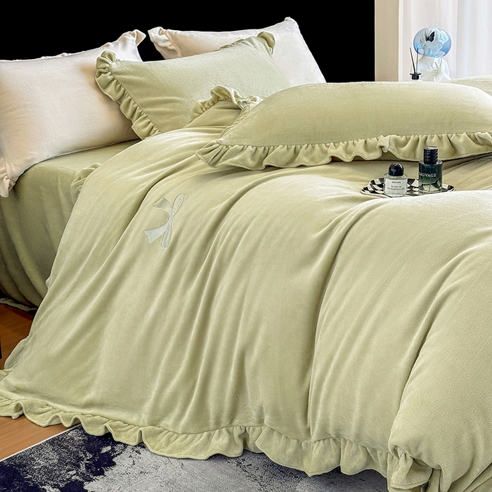 91家纺网 家纺一手货源 找家纺 席之家 2025新款蝴蝶结绣花牛奶绒四件套 蝴蝶结-青柠绿