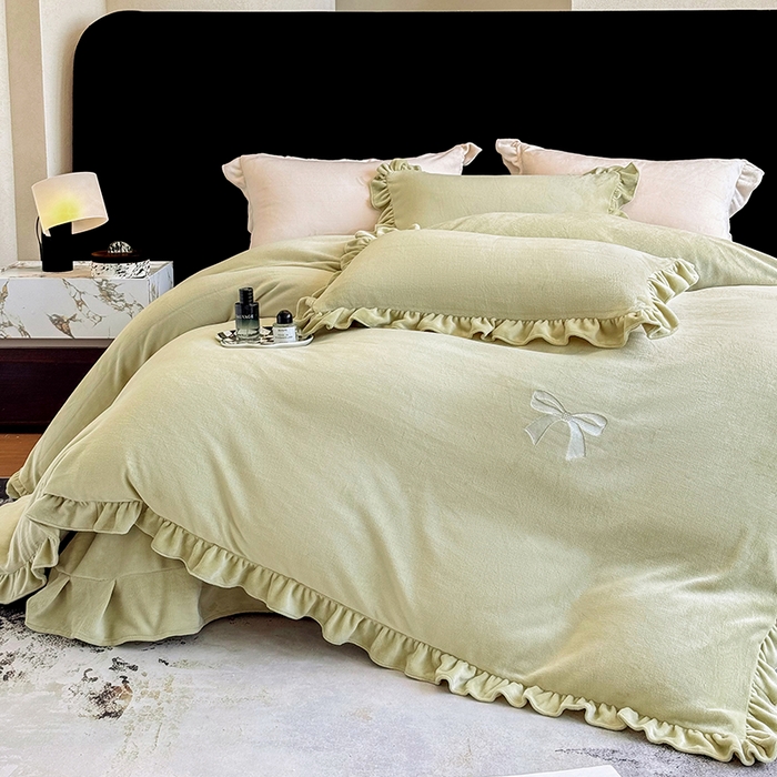 91家纺网 家纺一手货源 找家纺 席之家 2025新款蝴蝶结绣花牛奶绒四件套 蝴蝶结-青柠绿