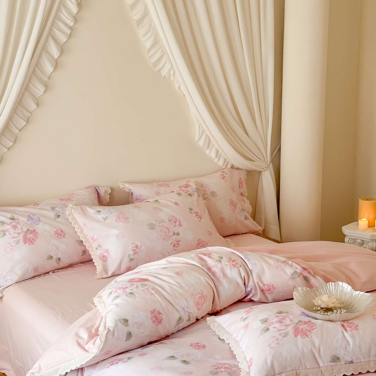 91家纺网 家纺一手货源 找家纺 于果 2025新款全棉纯棉生态磨毛花边款四件套 梦瑶