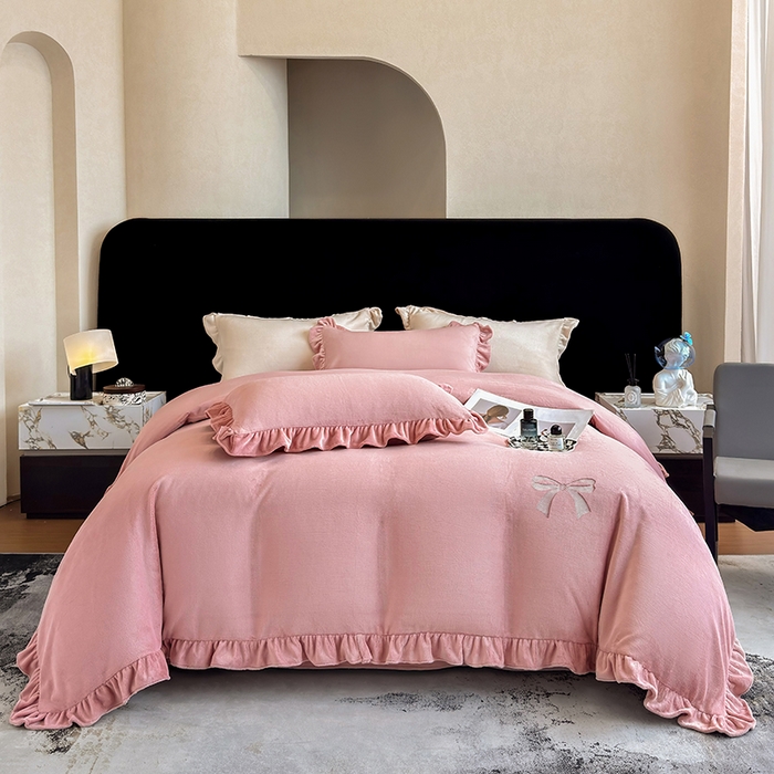 席之家 2025新款蝴蝶结绣花牛奶绒四件套 蝴蝶结-少女粉