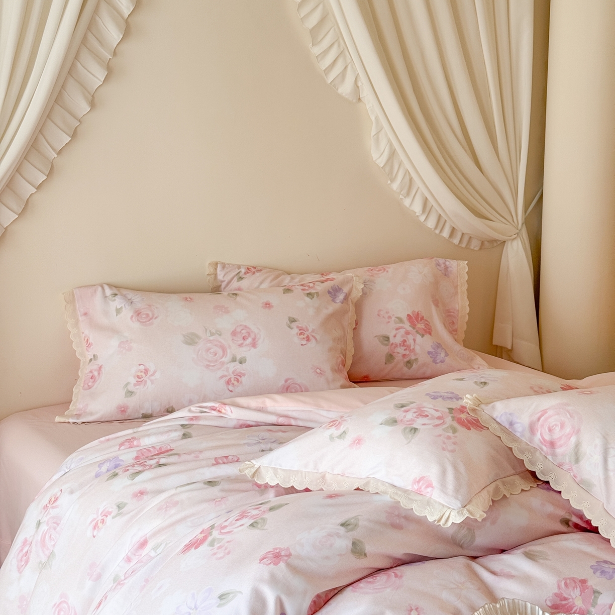 91家纺网 家纺一手货源 找家纺 于果 2025新款全棉纯棉生态磨毛花边款四件套 梦瑶