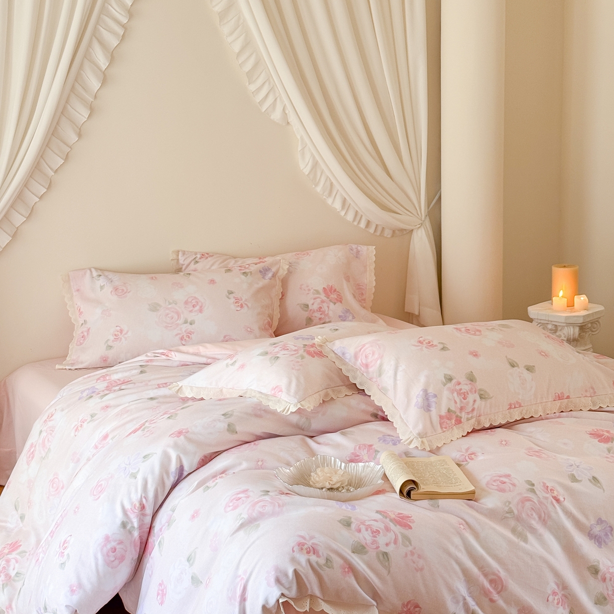 91家纺网 家纺一手货源 找家纺 于果 2025新款全棉纯棉生态磨毛花边款四件套 梦瑶