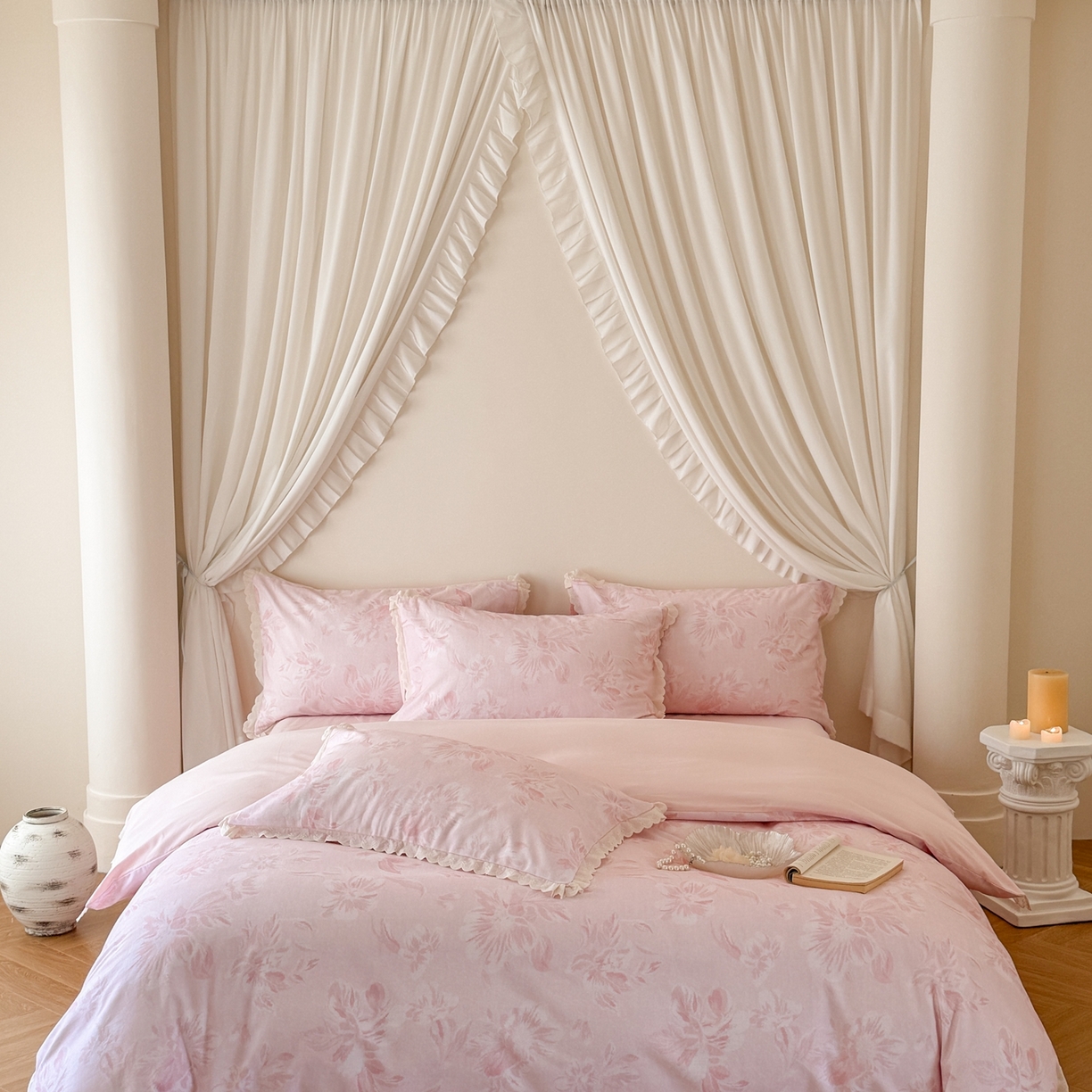 91家纺网 家纺一手货源 找家纺 于果 2025新款全棉纯棉生态磨毛花边款四件套 柔色花影