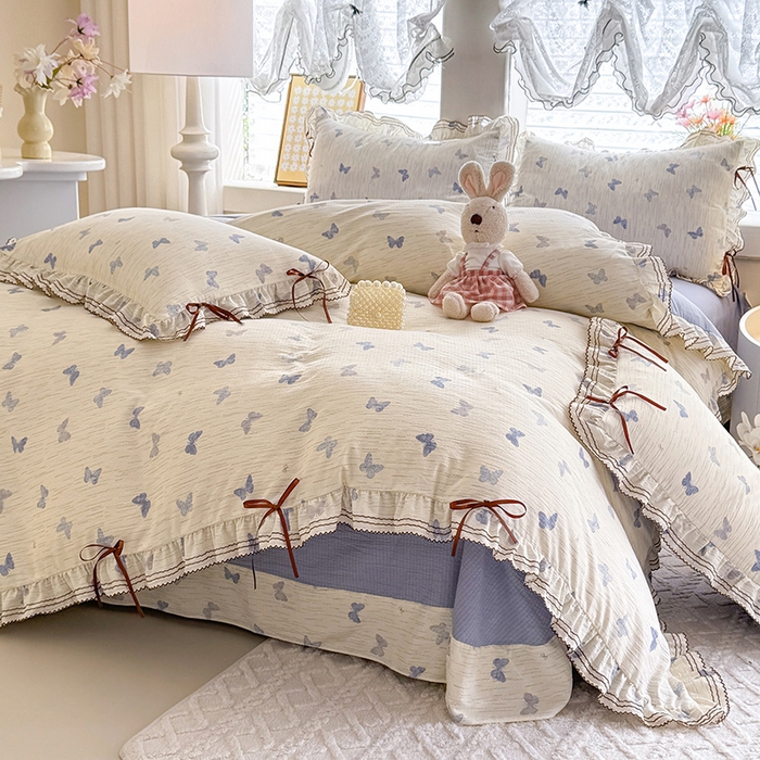 91家纺网 家纺一手货源 找家纺 （总）韩约家纺 2025新款1韩式蝴蝶结加厚床单款棉麻四件套