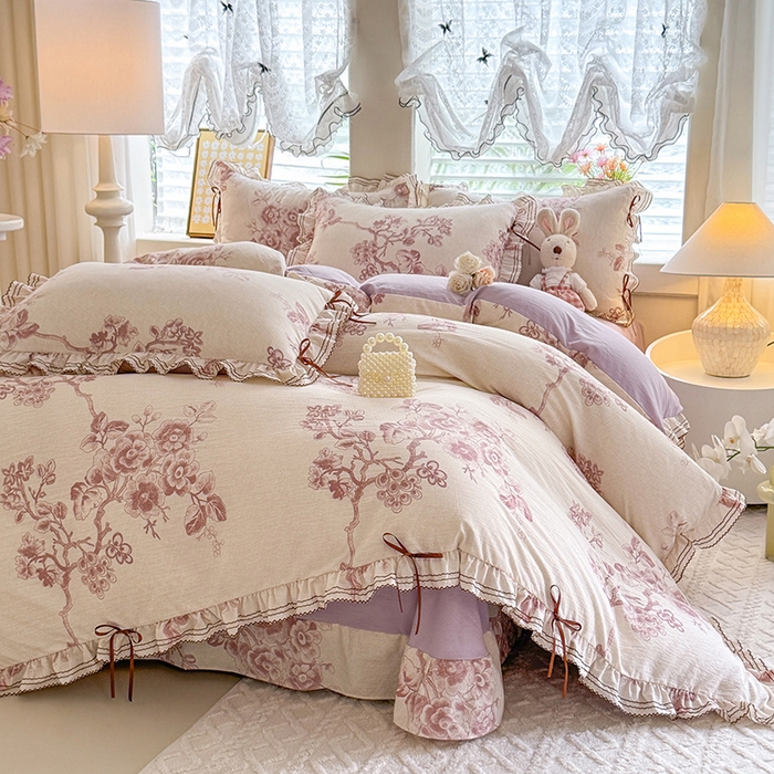 91家纺网 家纺一手货源 找家纺 （总）韩约家纺 2025新款1韩式蝴蝶结加厚床单款棉麻四件套