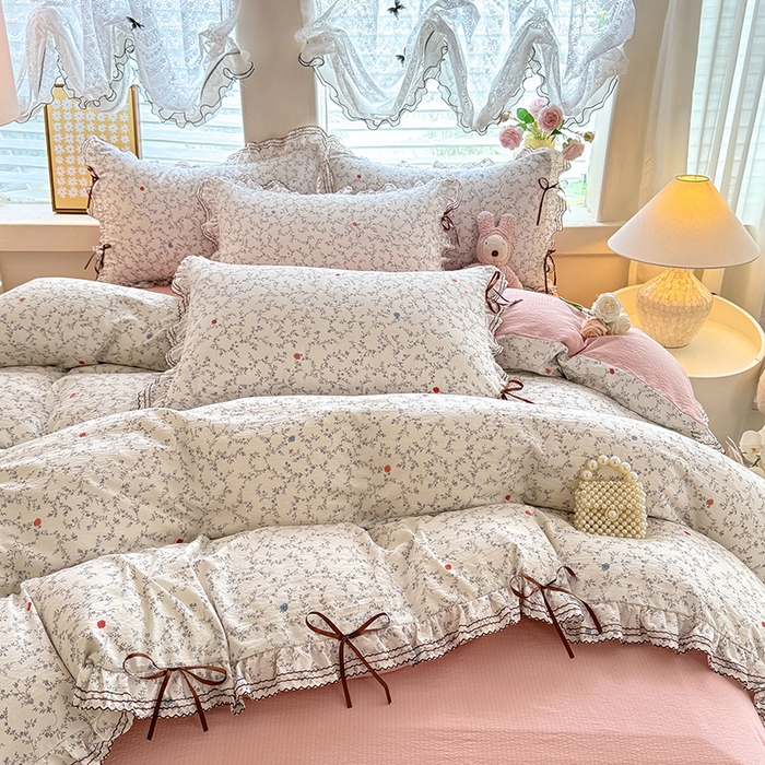 91家纺网 家纺一手货源 找家纺 韩约家纺 2025新款1韩式蝴蝶结加厚床单款棉麻四件套 初颜