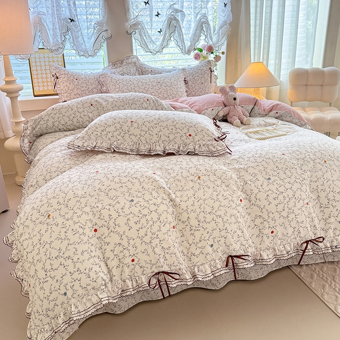 91家纺网 家纺一手货源 找家纺 韩约家纺 2025新款1韩式蝴蝶结加厚床单款棉麻四件套 初颜