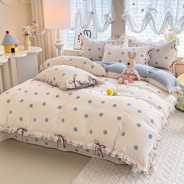 91家纺网 家纺一手货源 找家纺 韩约家纺 2025新款1韩式蝴蝶结加厚床单款棉麻四件套 波波蓝