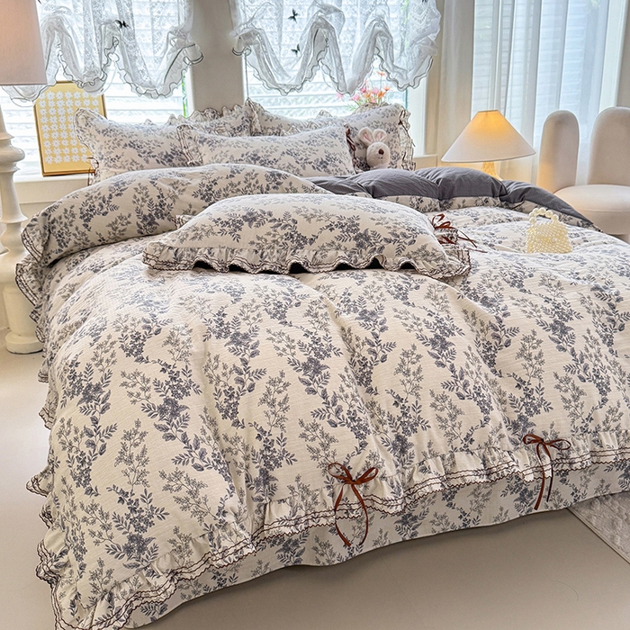 91家纺网 家纺一手货源 找家纺 韩约家纺 2025新款1韩式蝴蝶结加厚床单款棉麻四件套 兰陵花