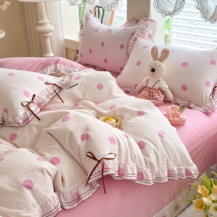 91家纺网 家纺一手货源 找家纺 韩约家纺 2025新款1韩式蝴蝶结加厚床单款棉麻四件套 波波粉