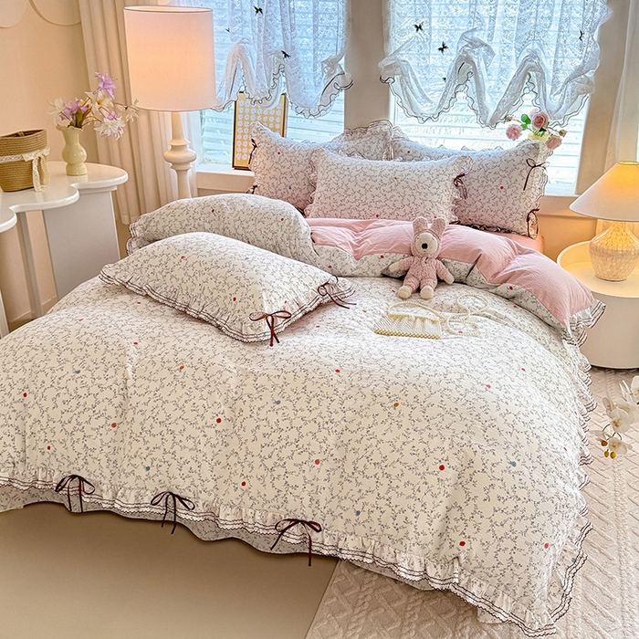 91家纺网 家纺一手货源 找家纺 韩约家纺 2025新款1韩式蝴蝶结加厚床单款棉麻四件套 初颜