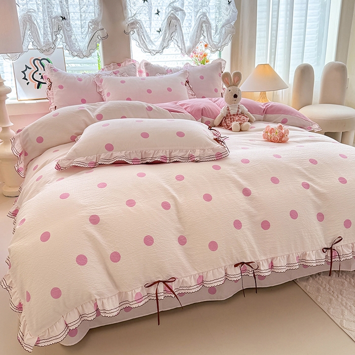 91家纺网 家纺一手货源 找家纺 韩约家纺 2025新款1韩式蝴蝶结加厚床单款棉麻四件套 波波粉