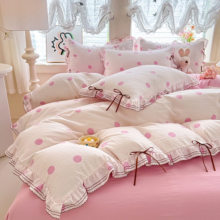 91家纺网 家纺一手货源 找家纺 韩约家纺 2025新款1韩式蝴蝶结加厚床单款棉麻四件套 波波粉