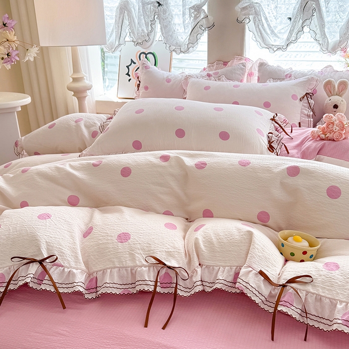 91家纺网 家纺一手货源 找家纺 韩约家纺 2025新款1韩式蝴蝶结加厚床单款棉麻四件套 波波粉