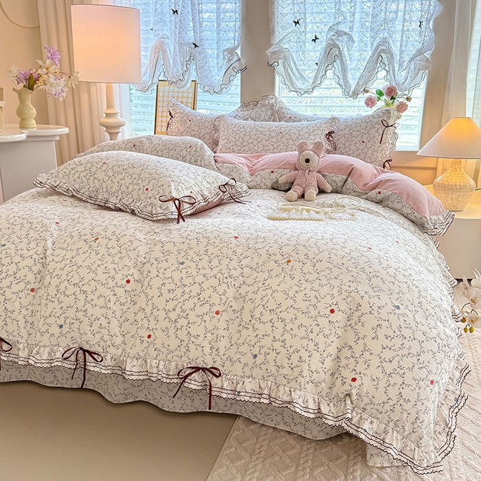 91家纺网 家纺一手货源 找家纺 韩约家纺 2025新款1韩式蝴蝶结加厚床单款棉麻四件套 初颜