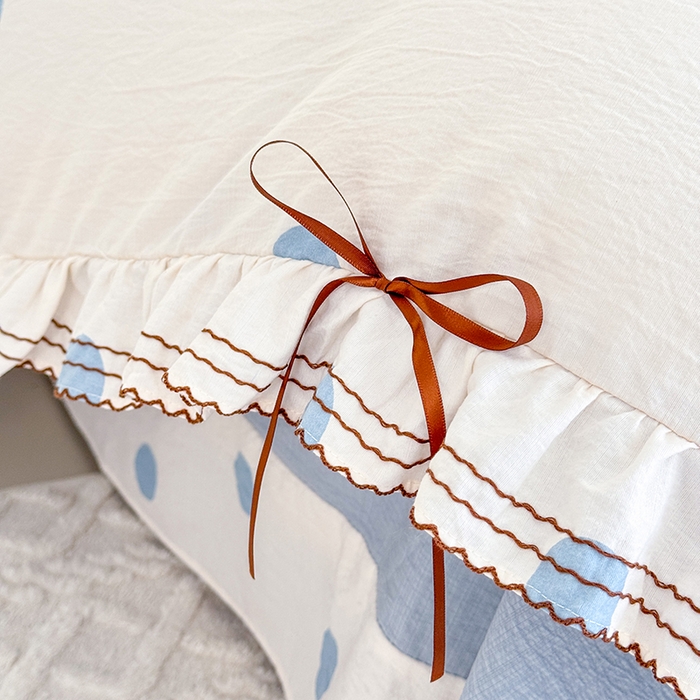 91家纺网 家纺一手货源 找家纺 韩约家纺 2025新款1韩式蝴蝶结加厚床单款棉麻四件套 波波蓝