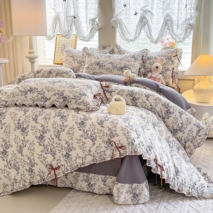 91家纺网 家纺一手货源 找家纺 韩约家纺 2025新款1韩式蝴蝶结加厚床单款棉麻四件套 兰陵花