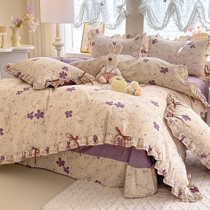 91家纺网 家纺一手货源 找家纺 韩约家纺 2025新款1韩式蝴蝶结加厚床单款棉麻四件套 情缘