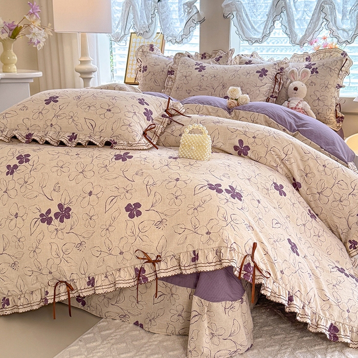 91家纺网 家纺一手货源 找家纺 韩约家纺 2025新款1韩式蝴蝶结加厚床单款棉麻四件套 情缘