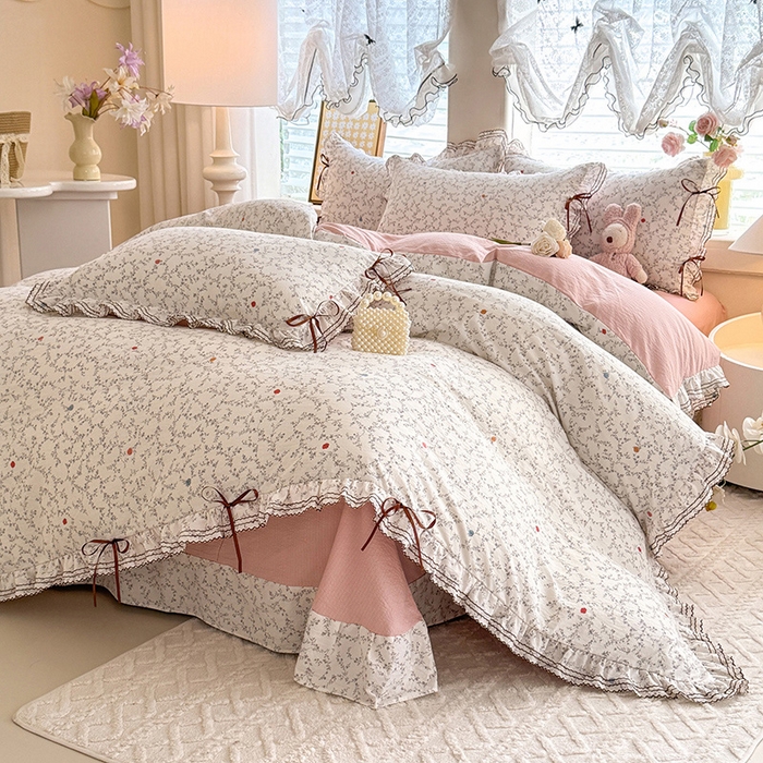 91家纺网 家纺一手货源 找家纺 韩约家纺 2025新款1韩式蝴蝶结加厚床单款棉麻四件套 初颜