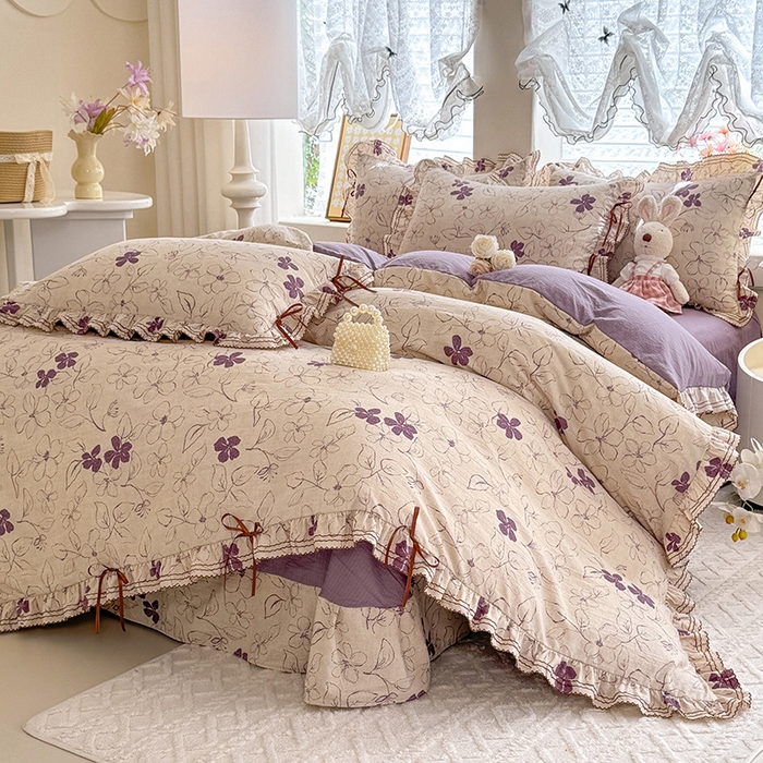 91家纺网 家纺一手货源 找家纺 韩约家纺 2025新款1韩式蝴蝶结加厚床单款棉麻四件套 情缘