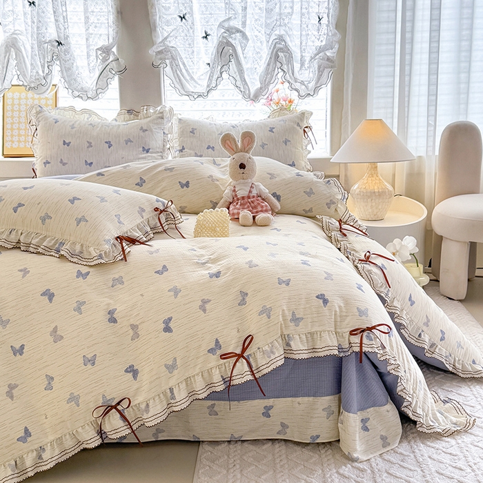 91家纺网 家纺一手货源 找家纺 韩约家纺 2025新款1韩式蝴蝶结加厚床单款棉麻四件套 美蝶