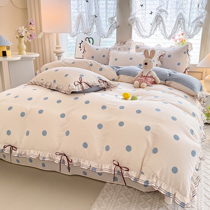 91家纺网 家纺一手货源 找家纺 韩约家纺 2025新款1韩式蝴蝶结加厚床单款棉麻四件套 波波蓝