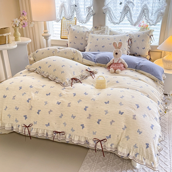 91家纺网 家纺一手货源 找家纺 韩约家纺 2025新款1韩式蝴蝶结加厚床单款棉麻四件套 美蝶