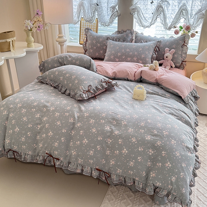 91家纺网 家纺一手货源 找家纺 韩约家纺 2025新款1韩式蝴蝶结加厚床单款棉麻四件套 伊洛