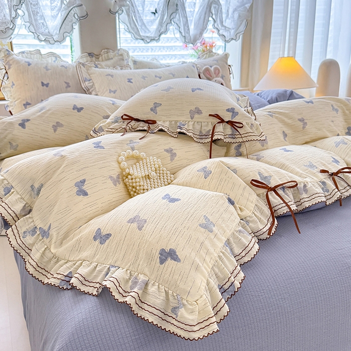 91家纺网 家纺一手货源 找家纺 韩约家纺 2025新款1韩式蝴蝶结加厚床单款棉麻四件套 美蝶