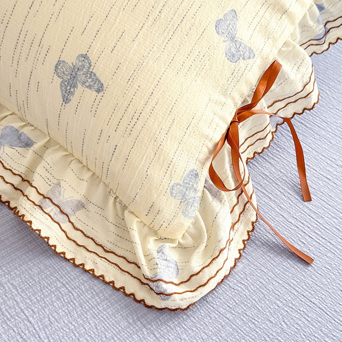 91家纺网 家纺一手货源 找家纺 韩约家纺 2025新款1韩式蝴蝶结加厚床单款棉麻四件套 美蝶