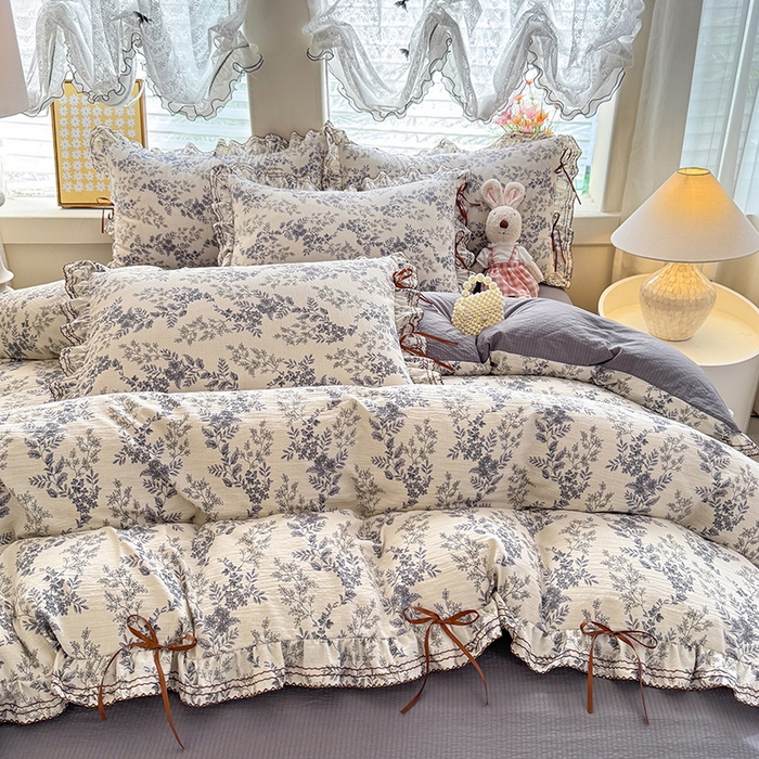 91家纺网 家纺一手货源 找家纺 韩约家纺 2025新款1韩式蝴蝶结加厚床单款棉麻四件套 兰陵花