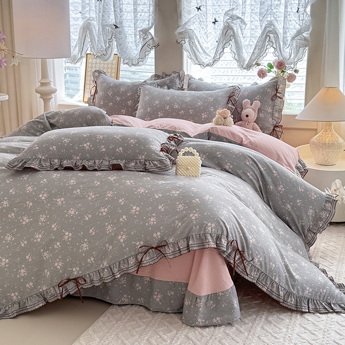 91家纺网 家纺一手货源 找家纺 韩约家纺 2025新款1韩式蝴蝶结加厚床单款棉麻四件套 伊洛