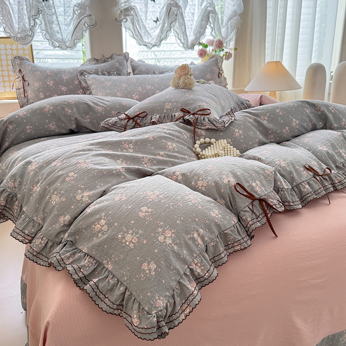 91家纺网 家纺一手货源 找家纺 韩约家纺 2025新款1韩式蝴蝶结加厚床单款棉麻四件套 伊洛