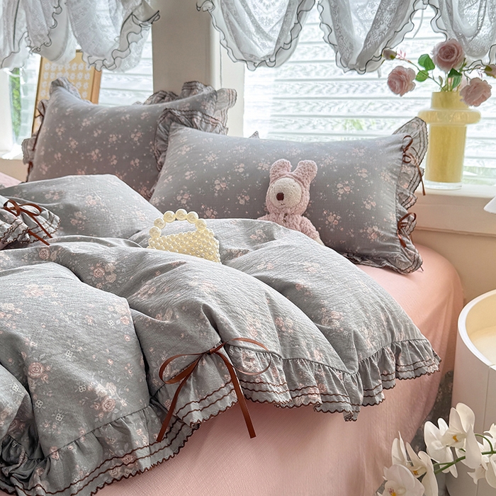 91家纺网 家纺一手货源 找家纺 韩约家纺 2025新款1韩式蝴蝶结加厚床单款棉麻四件套 伊洛