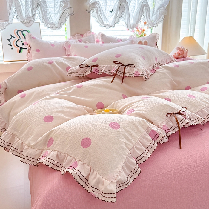 91家纺网 家纺一手货源 找家纺 韩约家纺 2025新款1韩式蝴蝶结加厚床单款棉麻四件套 波波粉