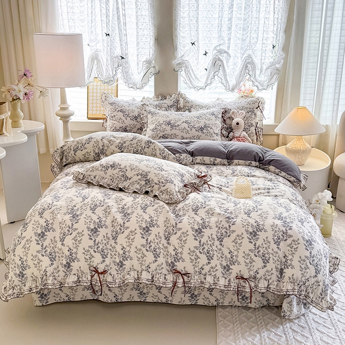 91家纺网 家纺一手货源 找家纺 韩约家纺 2025新款1韩式蝴蝶结加厚床单款棉麻四件套 兰陵花