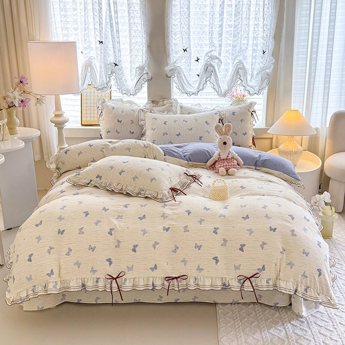 91家纺网 家纺一手货源 找家纺 韩约家纺 2025新款1韩式蝴蝶结加厚床单款棉麻四件套 美蝶