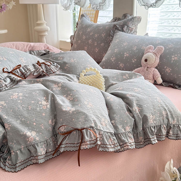 91家纺网 家纺一手货源 找家纺 韩约家纺 2025新款1韩式蝴蝶结加厚床单款棉麻四件套 伊洛