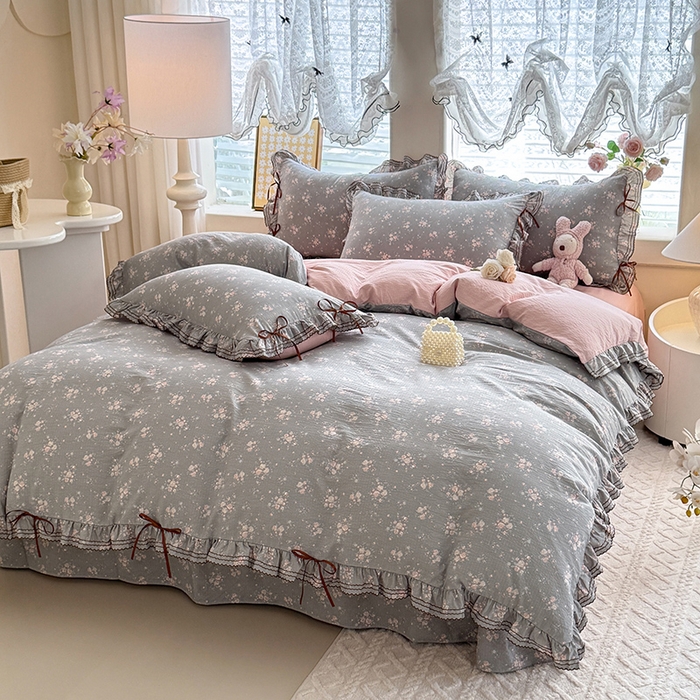 91家纺网 家纺一手货源 找家纺 韩约家纺 2025新款1韩式蝴蝶结加厚床单款棉麻四件套 伊洛