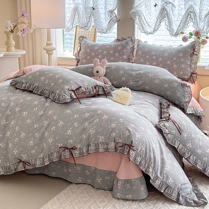 韩约家纺 2025新款1韩式蝴蝶结加厚床单款棉麻四件套 伊洛