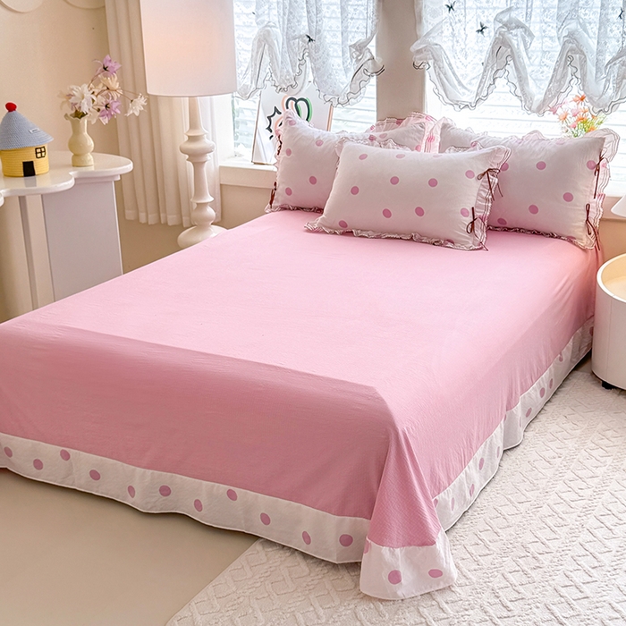 91家纺网 家纺一手货源 找家纺 韩约家纺 2025新款1韩式蝴蝶结加厚床单款棉麻四件套 波波粉