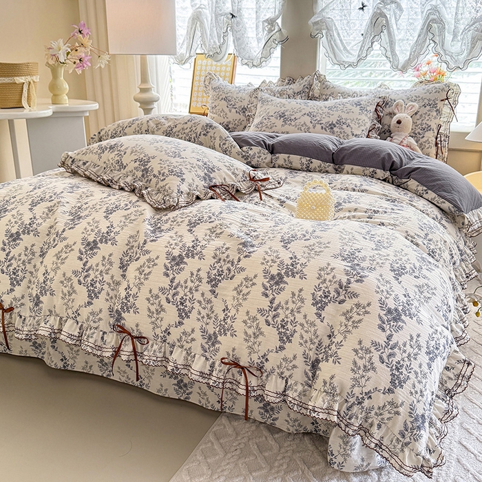 91家纺网 家纺一手货源 找家纺 韩约家纺 2025新款1韩式蝴蝶结加厚床单款棉麻四件套 兰陵花