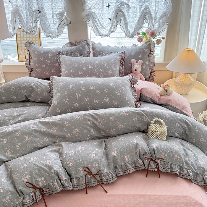 91家纺网 家纺一手货源 找家纺 韩约家纺 2025新款1韩式蝴蝶结加厚床单款棉麻四件套 伊洛