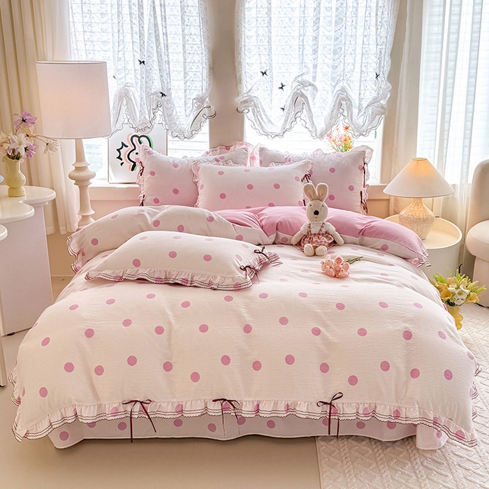 91家纺网 家纺一手货源 找家纺 韩约家纺 2025新款1韩式蝴蝶结加厚床单款棉麻四件套 波波粉